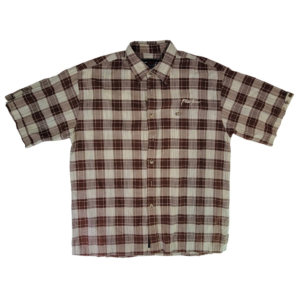 Phat Farm Mens Plaid Short Sleeve Button Up Shirt Brown‎ Cream Size Large